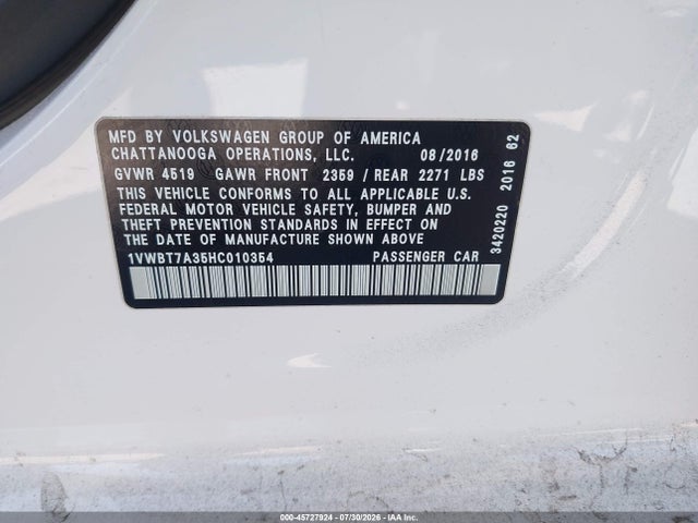 1VWBT7A35HC010354 Volkswagen Passat 1.8t Se