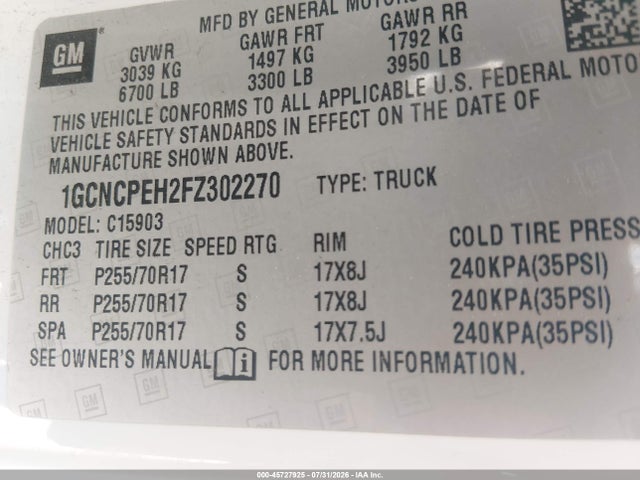 2015 Chevrolet Silverado 1500 Work Truck მანქანა იყიდება აუქციონზე, vin: 1GCNCPEH2FZ302270, აუქციონის ნომერი: 45727925