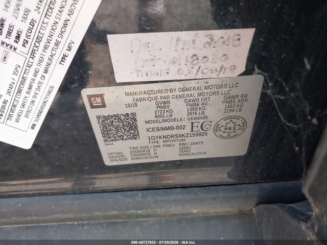 45727933 :رقم المزاد ، 1GYKNDRS0KZ159826 vin ، 2019 Cadillac Xt5 Luxury مزاد بيع