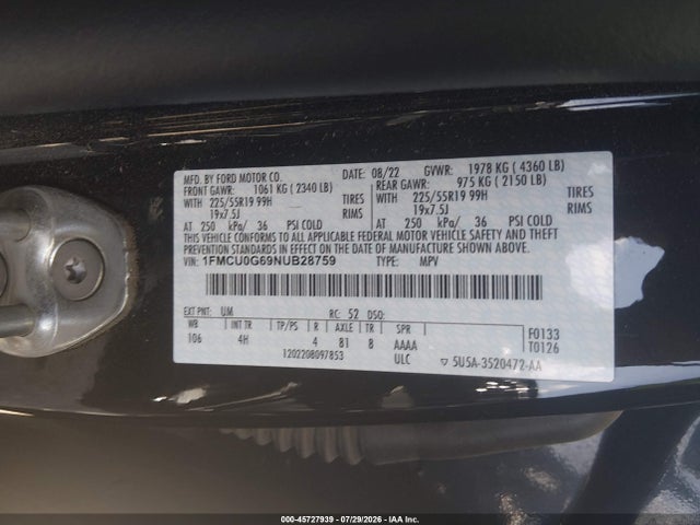 Продажа на аукционе авто 2022 Ford Escape Se, vin: 1FMCU0G69NUB28759, номер лота: 45727939
