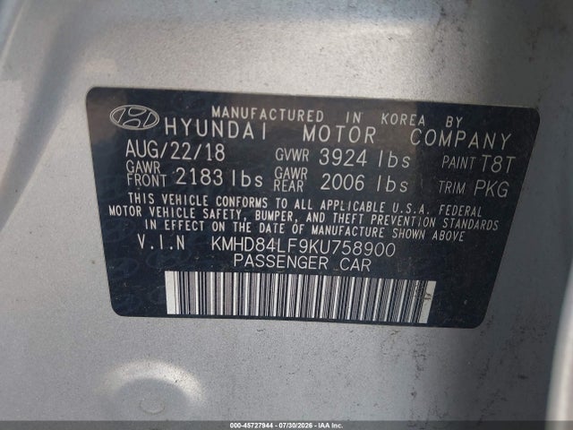 Aukcja sprzedaży 2019 Hyundai Elantra Sel, vin: KMHD84LF9KU758900, numer aukcji: 45727944