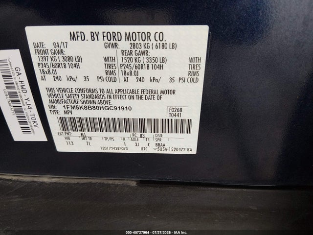 2017 Ford Explorer მანქანა იყიდება აუქციონზე, vin: 1FM5K8B80HGC91910, აუქციონის ნომერი: 45727964