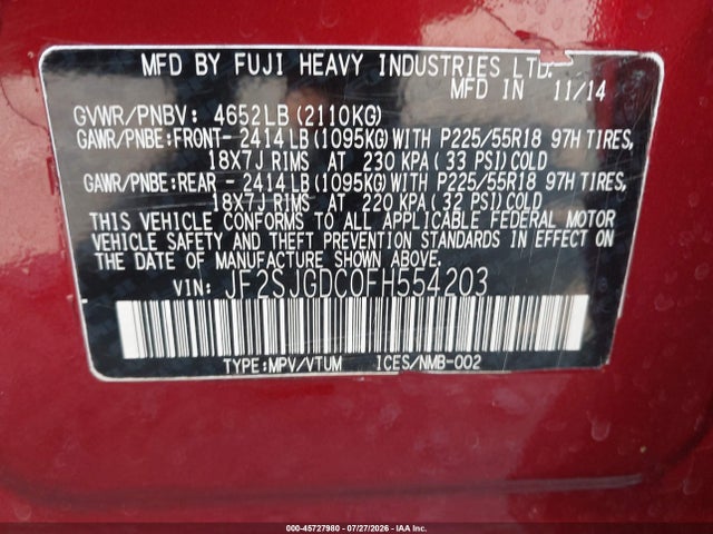 Aukcja sprzedaży 2015 Subaru Forester 2.0xt Premium, vin: JF2SJGDC0FH554203, numer aukcji: 45727980