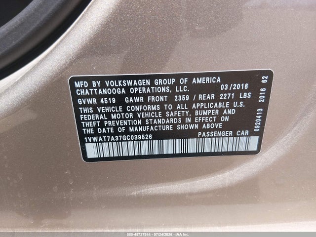 Aukcja sprzedaży 2016 Volkswagen Passat 1.8t S, vin: 1VWAT7A37GC039526, numer aukcji: 45727984