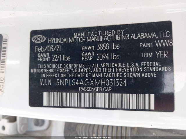 Продажа на аукционе авто 2021 Hyundai Elantra Sel, vin: 5NPLS4AGXMH031324, номер лота: 45727997