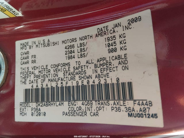 2009 Mitsubishi Eclipse Spyder Gs მანქანა იყიდება აუქციონზე, vin: 4A3AL25F19E042310, აუქციონის ნომერი: 45728007