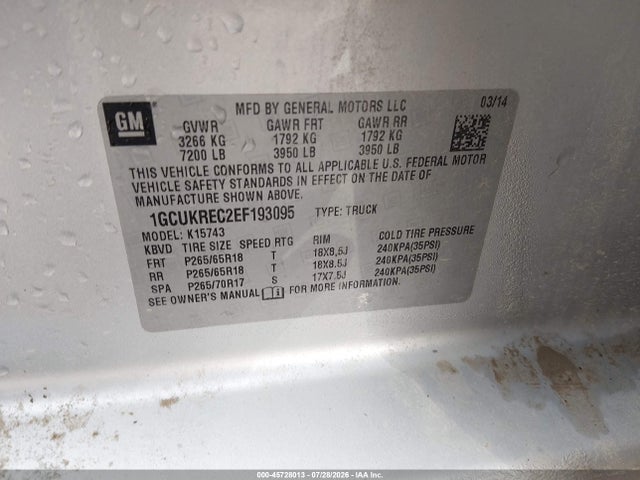 45728013 :رقم المزاد ، 1GCUKREC2EF193095 vin ، 2014 Chevrolet Silverado 1500 Lt مزاد بيع