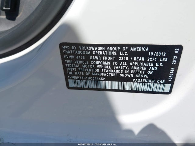 45728020 :رقم المزاد ، 1VWBP7A31DC044452 vin ، 2013 Volkswagen Passat 2.5l Se مزاد بيع
