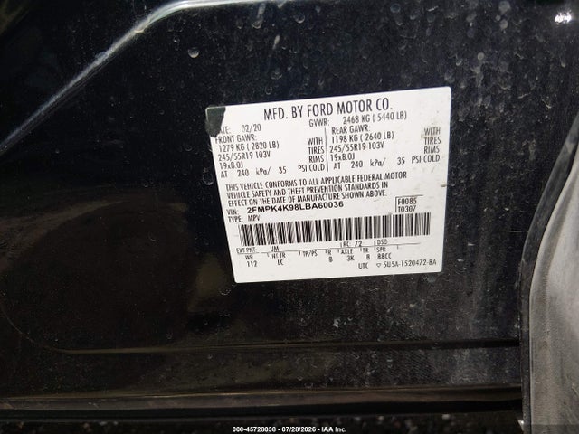 2020 Ford Edge Titanium მანქანა იყიდება აუქციონზე, vin: 2FMPK4K98LBA60036, აუქციონის ნომერი: 45728038