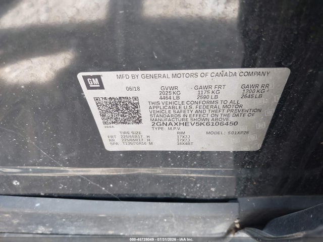 Aukcja sprzedaży 2019 Chevrolet Equinox Ls, vin: 2GNAXHEV5K6106450, numer aukcji: 45728049