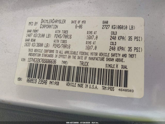 Продаж на аукціоні авто 2006 Dodge Dakota St, vin: 1D7HE22K76S686636, номер лоту: 45728058