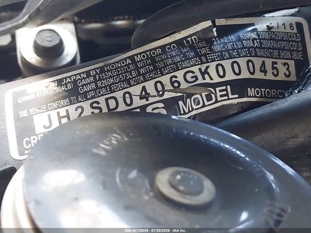 Продажа на аукционе авто 2016 Honda Crf1000, vin: JH2SD0406GK000453, номер лота: 45728059