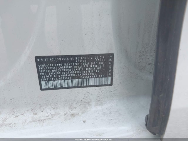45728060 :رقم المزاد ، 3VWG17AUXJM279362 vin ، 2018 Volkswagen Golf Tsi S/tsi Se مزاد بيع