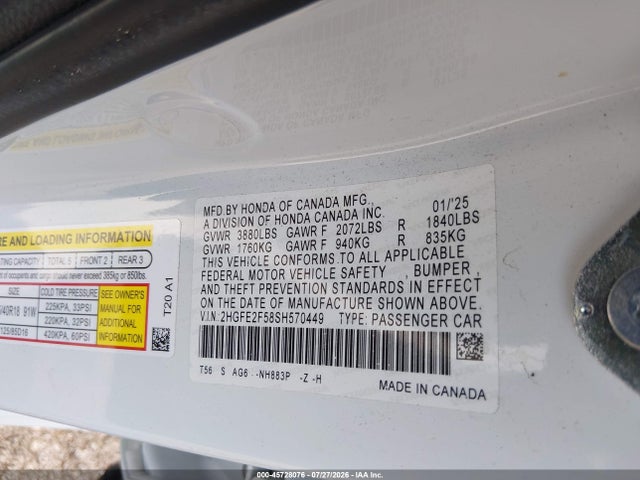 45728076 :رقم المزاد ، 2HGFE2F58SH570449 vin ، 2025 Honda Civic Sport مزاد بيع
