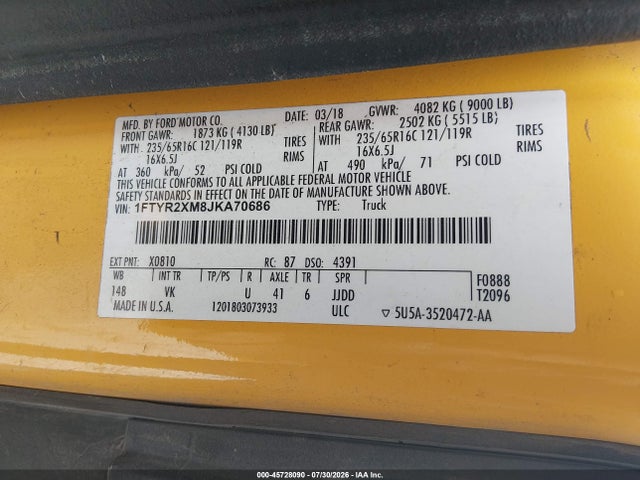 45728090 :رقم المزاد ، 1FTYR2XM8JKA70686 vin ، 2018 Ford Transit-250 مزاد بيع