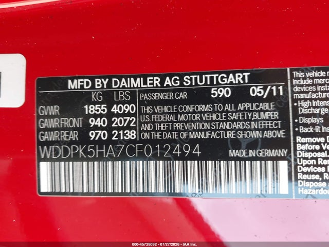 45728092 :رقم المزاد ، WDDPK5HA7CF012494 vin ، 2012 Mercedes-benz Slk 350 مزاد بيع