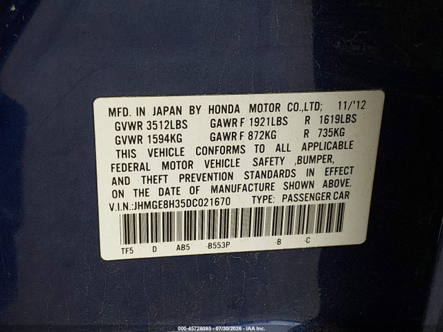 Продаж на аукціоні авто 2013 Honda Fit, vin: JHMGE8H35DC021670, номер лоту: 45728093
