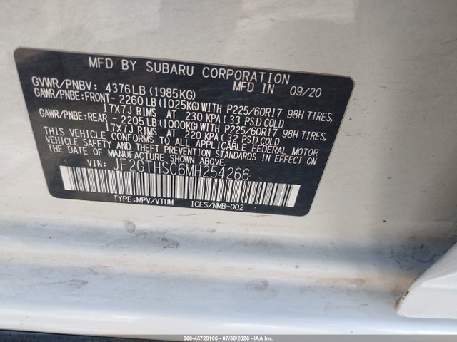 Aukcja sprzedaży 2021 Subaru Crosstrek Sport, vin: JF2GTHSC6MH254266, numer aukcji: 45728106