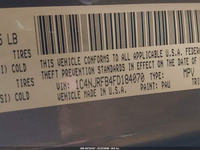 2015 Jeep Patriot Latitude მანქანა იყიდება აუქციონზე, vin: 1C4NJRFB4FD184070, აუქციონის ნომერი: 45728107
