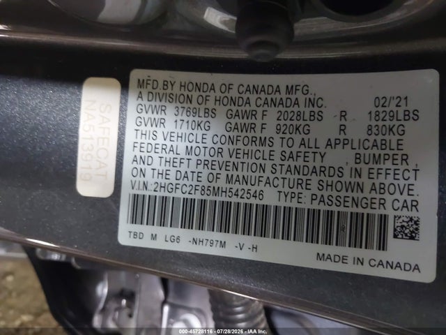 45728116 :رقم المزاد ، 2HGFC2F85MH542546 vin ، 2021 Honda Civic Sport مزاد بيع