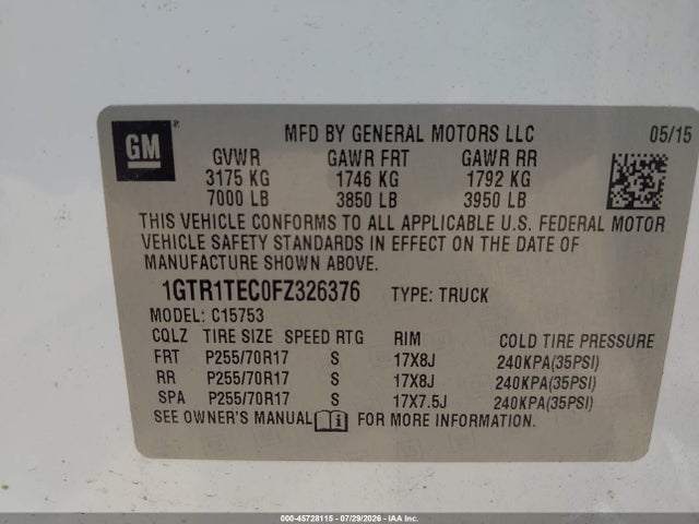 45728115 :رقم المزاد ، 1GTR1TEC0FZ326376 vin ، 2015 Gmc Sierra 1500 مزاد بيع