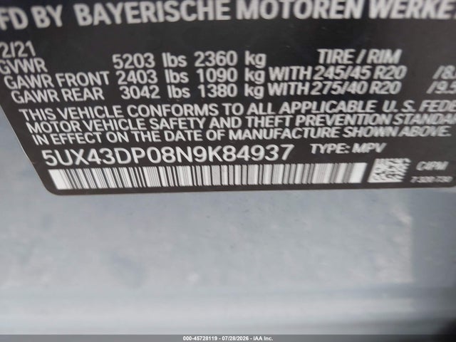 45728119 :رقم المزاد ، 5UX43DP08N9K84937 vin ، 2022 Bmw X3 Sdrive30i مزاد بيع
