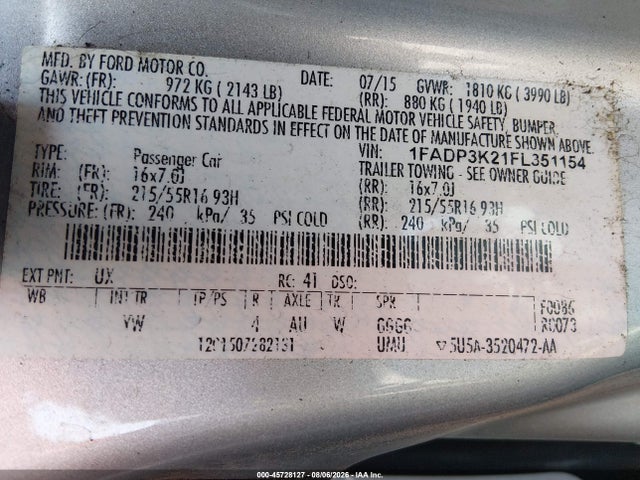 Продажа на аукционе авто 2015 Ford Focus Se, vin: 1FADP3K21FL351154, номер лота: 45728127