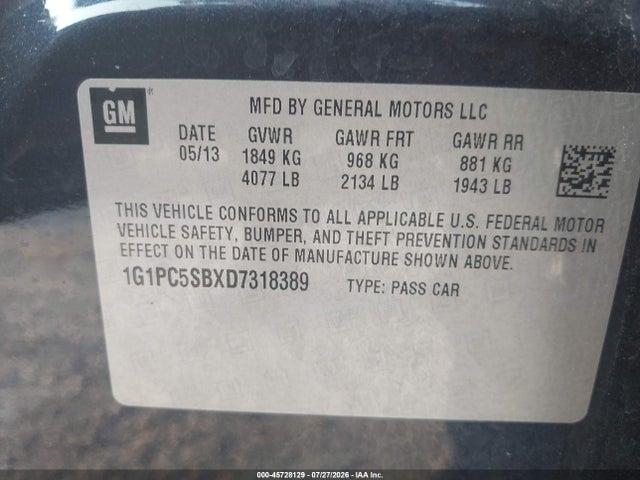 45728129 :رقم المزاد ، 1G1PC5SBXD7318389 vin ، 2013 Chevrolet Cruze 1lt Auto مزاد بيع