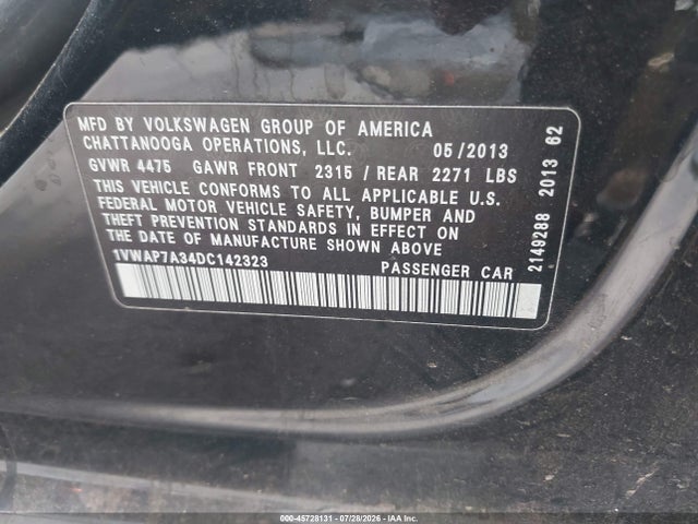 2013 Volkswagen Passat 2.5l Wolfsburg Edition მანქანა იყიდება აუქციონზე, vin: 1VWAP7A34DC142323, აუქციონის ნომერი: 45728131