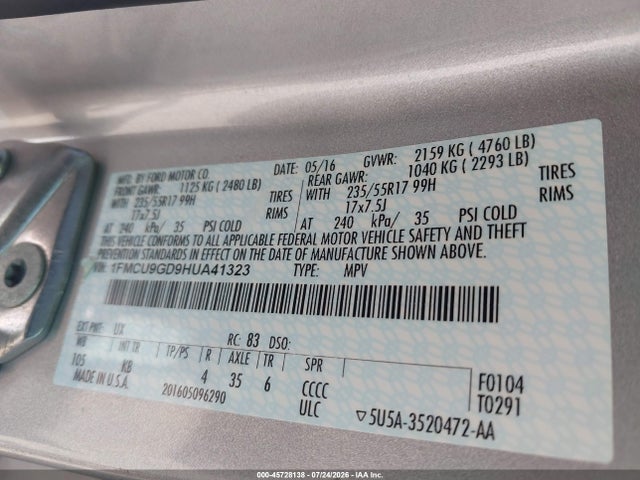 Ford ESCAPE SE 2017 1FMCU9GD9HUA41323 Image 9