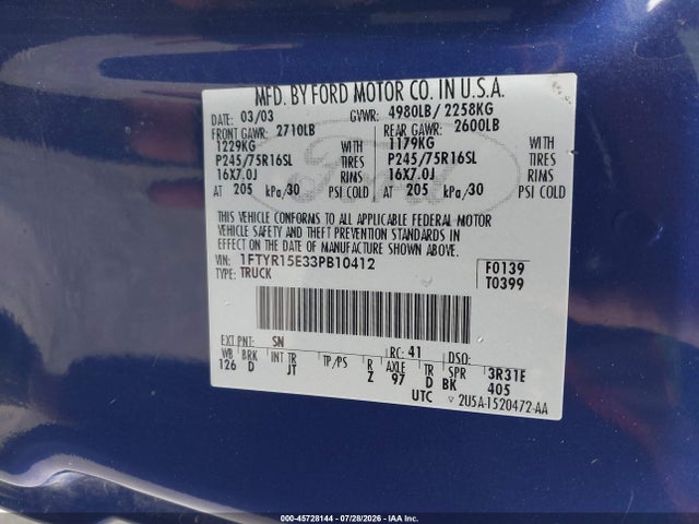 45728144 :رقم المزاد ، 1FTYR15E33PB10412 vin ، 2003 Ford Ranger Xlt مزاد بيع