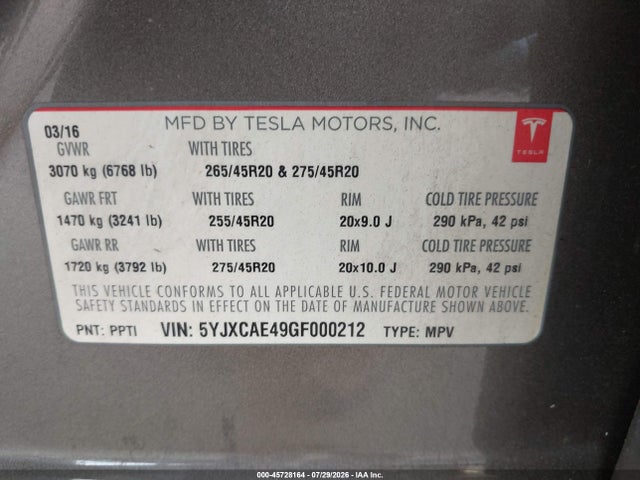 Aukcja sprzedaży 2016 Tesla Model X 60d/p100d/p90d, vin: 5YJXCAE49GF000212, numer aukcji: 45728164