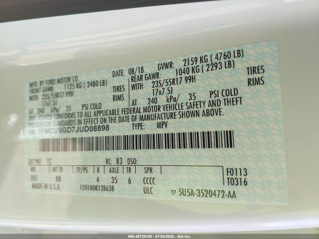 Ford ESCAPE SE 2018 1FMCU9GD7JUD08898 Image 9
