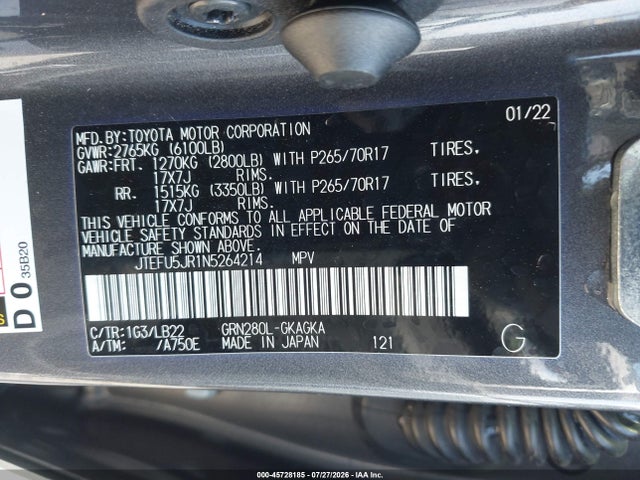 2022 Toyota 4runner Sr5 Premium მანქანა იყიდება აუქციონზე, vin: JTEFU5JR1N5264214, აუქციონის ნომერი: 45728185