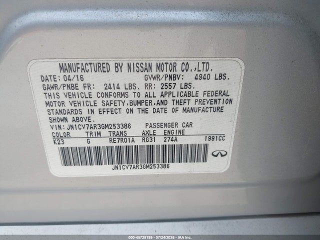 Aukcja sprzedaży 2016 Infiniti Q50 2.0t Premium, vin: JN1CV7AR3GM253386, numer aukcji: 45728199