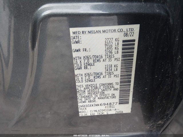 Aukcja sprzedaży 2022 Nissan Frontier S 4x4, vin: 1N6ED1EK3NN694877, numer aukcji: 45728220
