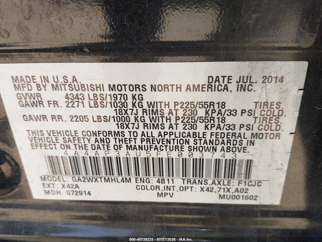 2015 Mitsubishi Outlander Sport Es მანქანა იყიდება აუქციონზე, vin: 4A4AP3AU5FE003743, აუქციონის ნომერი: 45728225