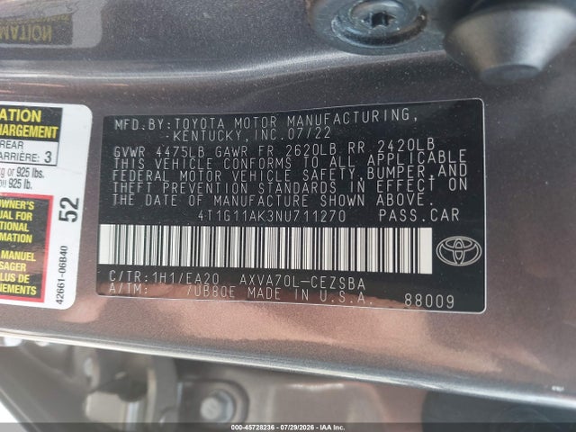 Продаж на аукціоні авто 2022 Toyota Camry Se, vin: 4T1G11AK3NU711270, номер лоту: 45728236