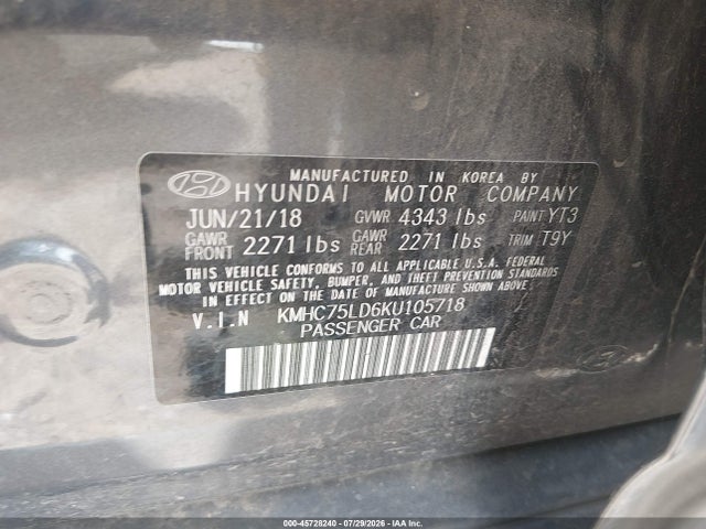 Продажа на аукционе авто 2019 Hyundai Ioniq Plug-in Hybrid Limited, vin: KMHC75LD6KU105718, номер лота: 45728240