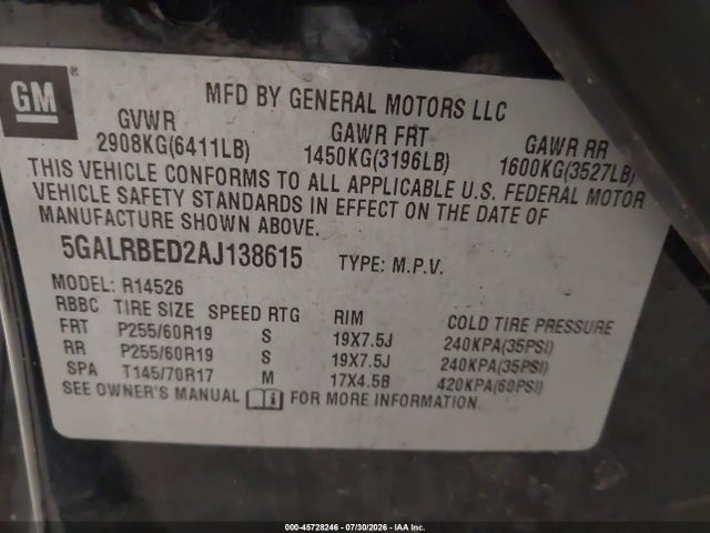Aukcja sprzedaży 2010 Buick Enclave 1xl, vin: 5GALRBED2AJ138615, numer aukcji: 45728246