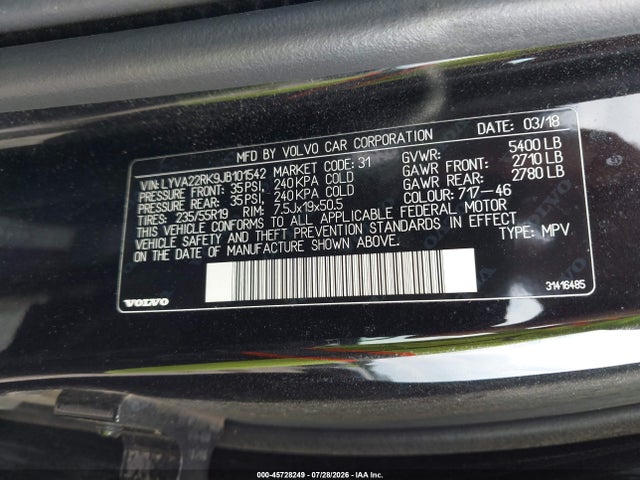 LYVA22RK9JB101542 Volvo Xc60 T6 Momentum