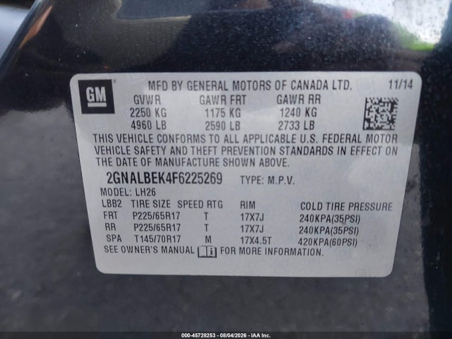 Aukcja sprzedaży 2015 Chevrolet Equinox Lt, vin: 2GNALBEK4F6225269, numer aukcji: 45728253