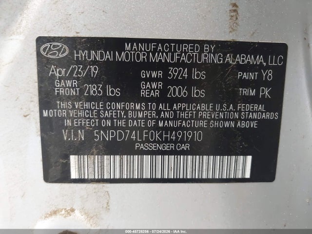 Продаж на аукціоні авто 2019 Hyundai Elantra Se, vin: 5NPD74LF0KH491910, номер лоту: 45728256