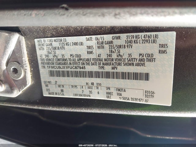 2015 Ford Escape Titanium მანქანა იყიდება აუქციონზე, vin: 1FMCU9JX1FUC87945, აუქციონის ნომერი: 45728258