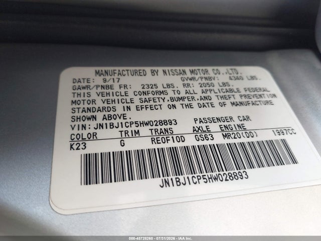 Продаж на аукціоні авто 2017 Nissan Rogue Sport S, vin: JN1BJ1CP5HW028893, номер лоту: 45728260