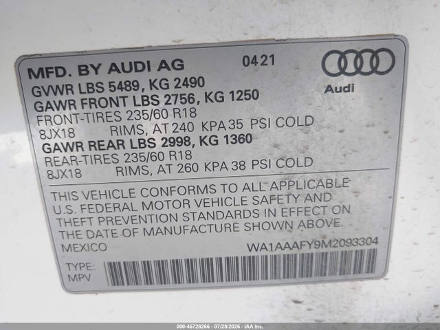 45728266 :رقم المزاد ، WA1AAAFY9M2093304 vin ، 2021 Audi Q5 Premium 45 Tfsi Quattro S Tronic مزاد بيع