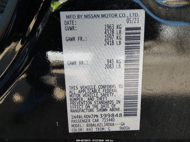 2023 Nissan Altima Sv Fwd მანქანა იყიდება აუქციონზე, vin: 1N4BL4DV2PN399848, აუქციონის ნომერი: 45728272