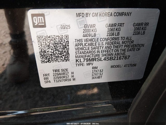 45728277 :رقم المزاد ، KL79MRSL4SB216767 vin ، 2025 Chevrolet Trailblazer Awd Lt مزاد بيع