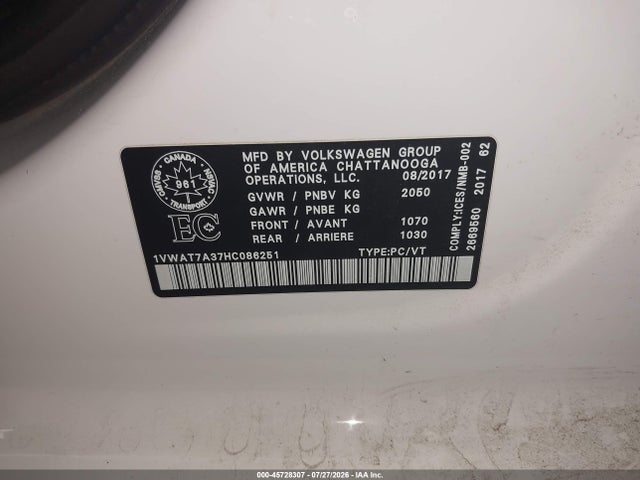 45728307 :رقم المزاد ، 1VWAT7A37HC086251 vin ، 2017 Volkswagen Passat 1.8t S مزاد بيع