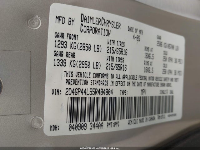 2005 Dodge Grand Caravan Sxt მანქანა იყიდება აუქციონზე, vin: 2D4GP44L55R484804, აუქციონის ნომერი: 45728309